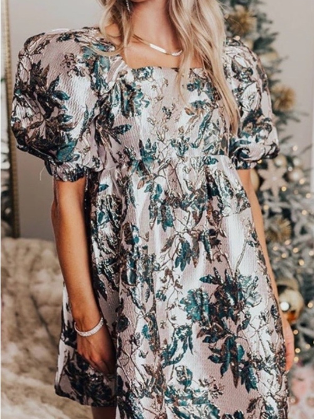 Umgee Metallic Floral Puff-Sleeve Mini Dress in Rose and Teal